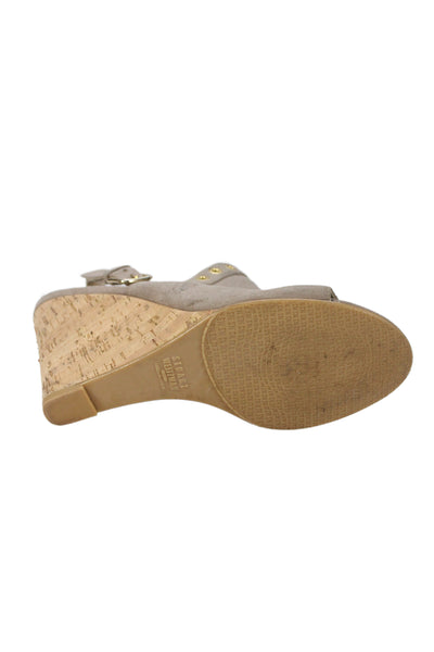 Stuart Weitzman Womens Suede Grommet Cork Slingbacks Wedges Beige Size 9 Medium