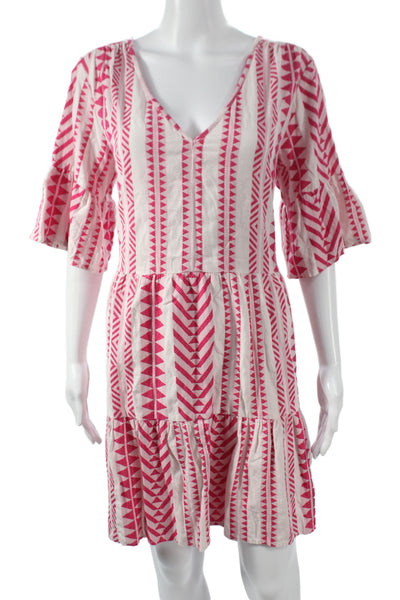 Velvet Womens Shift Sundress Pink Cotton V Neck 3/4 Sleeve Aztec Short Size M