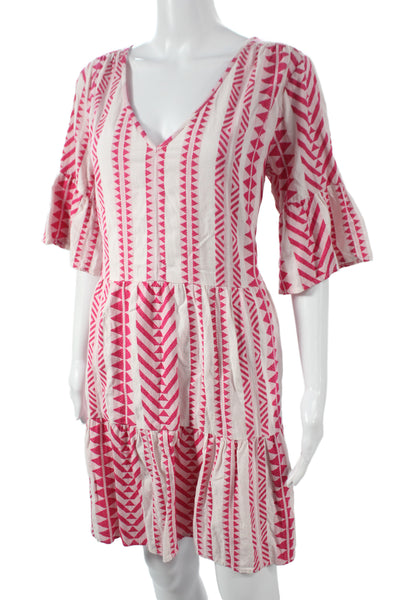 Velvet Womens Shift Sundress Pink Cotton V Neck 3/4 Sleeve Aztec Short Size M