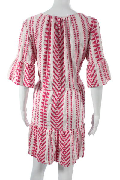 Velvet Womens Shift Sundress Pink Cotton V Neck 3/4 Sleeve Aztec Short Size M