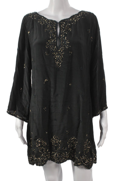 Calypso Saint Barth Women Black Kaftan Dress Long Sleeve Drawstring Size L
