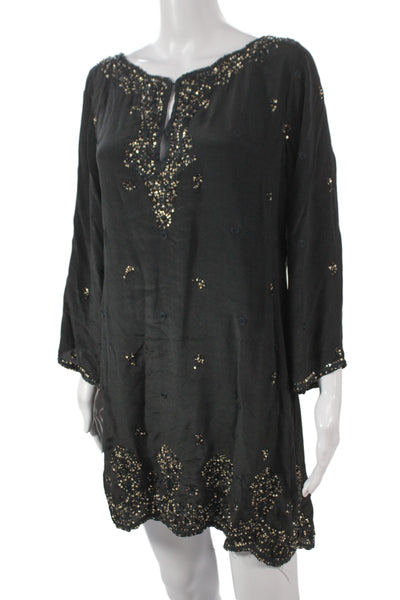Calypso Saint Barth Women Black Kaftan Dress Long Sleeve Drawstring Size L