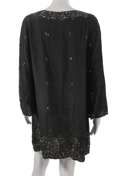 Calypso Saint Barth Women Black Kaftan Dress Long Sleeve Drawstring Size L