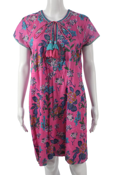 Bella Tu Womens Kaftan Shift Dress Pink Floral Cotton Short Sleeve Size L
