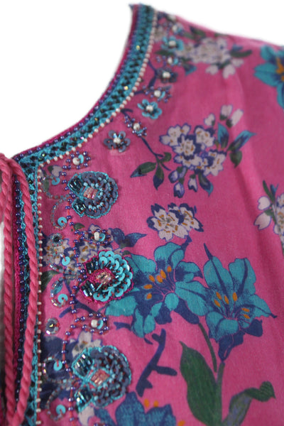 Bella Tu Womens Kaftan Shift Dress Pink Floral Cotton Short Sleeve Size L