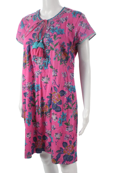 Bella Tu Womens Kaftan Shift Dress Pink Floral Cotton Short Sleeve Size L