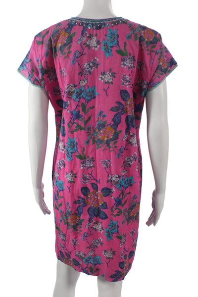 Bella Tu Womens Kaftan Shift Dress Pink Floral Cotton Short Sleeve Size L