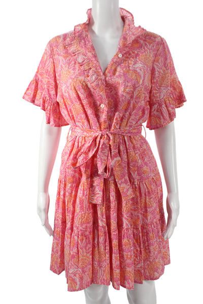 Mille Resort & Travel Women Shirt Wrap Dress Pink Floral Short Sleeve Size M