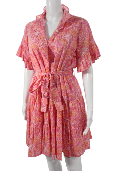 Mille Resort & Travel Women Shirt Wrap Dress Pink Floral Short Sleeve Size M