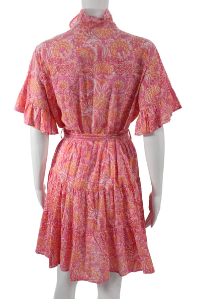 Mille Resort & Travel Women Shirt Wrap Dress Pink Floral Short Sleeve Size M