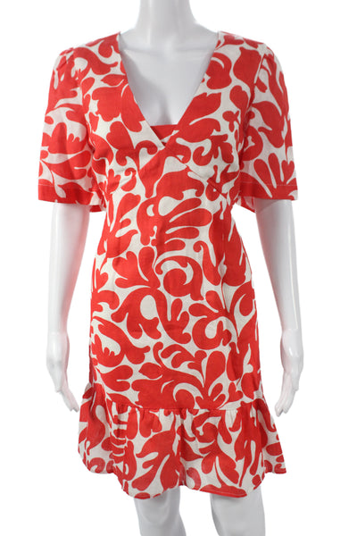 Rhode Women A-Line Wrap Dress Red Linen V-Neck Short Sleeve Floral Size 12
