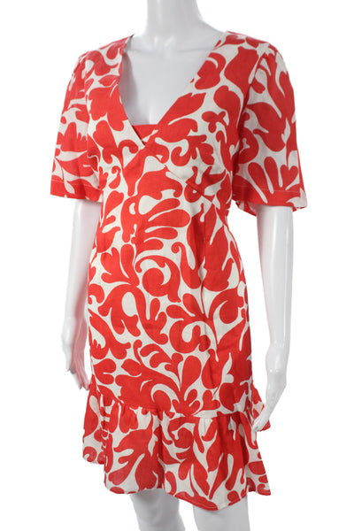 Rhode Women A-Line Wrap Dress Red Linen V-Neck Short Sleeve Floral Size 12