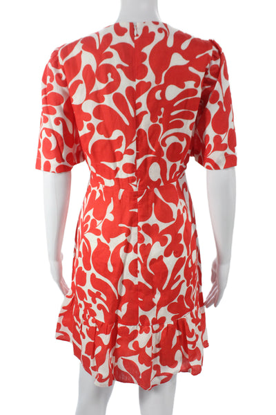 Rhode Women A-Line Wrap Dress Red Linen V-Neck Short Sleeve Floral Size 12