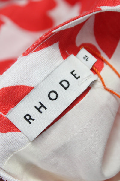 Rhode Women A-Line Wrap Dress Red Linen V-Neck Short Sleeve Floral Size 12