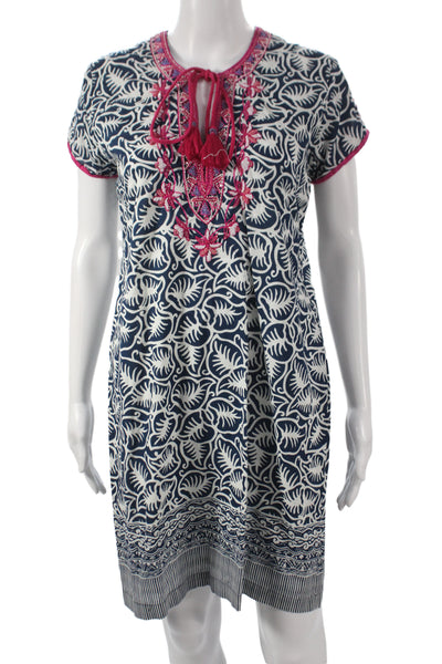 Bella Tu Women Shift Dress Dark Blue Floral Short Sleeve Cotton Size L