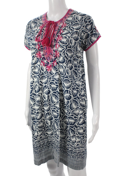 Bella Tu Women Shift Dress Dark Blue Floral Short Sleeve Cotton Size L