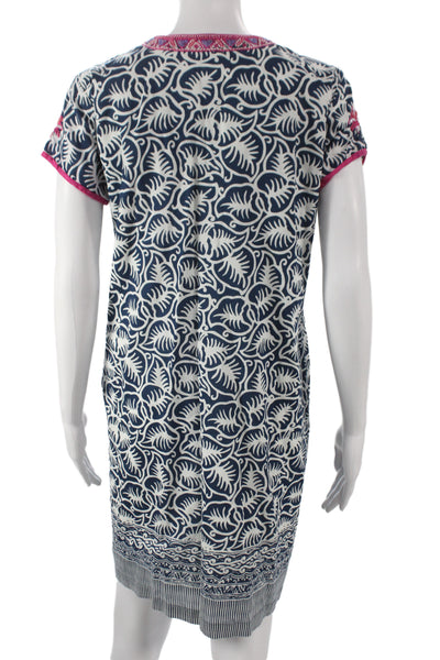 Bella Tu Women Shift Dress Dark Blue Floral Short Sleeve Cotton Size L