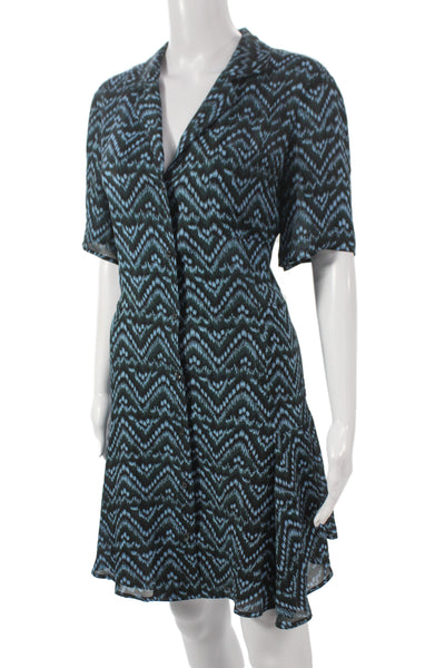 ALC Womens Shirt Dress Black Silk Collared Short Sleeve Aztec Size 10