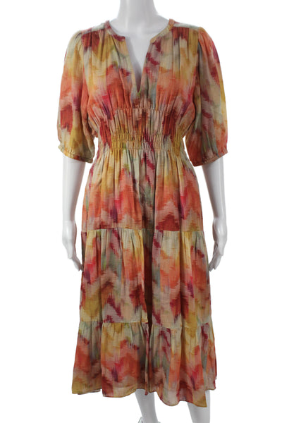 Ba&Sh Women Maxi Sundress Orange Linen V-Neck 3/4 Sleeve Midi Boho Size L