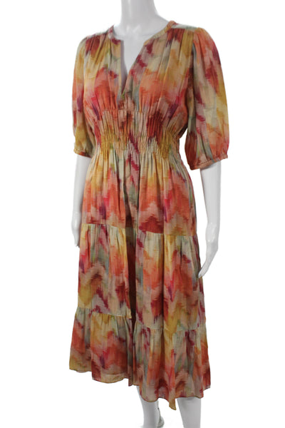 Ba&Sh Women Maxi Sundress Orange Linen V-Neck 3/4 Sleeve Midi Boho Size L