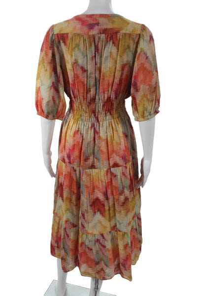 Ba&Sh Women Maxi Sundress Orange Linen V-Neck 3/4 Sleeve Midi Boho Size L