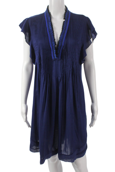Poupette St. Barth Women Kaftan Dress Dark Blue V-Neck Short Sleeve Size 4