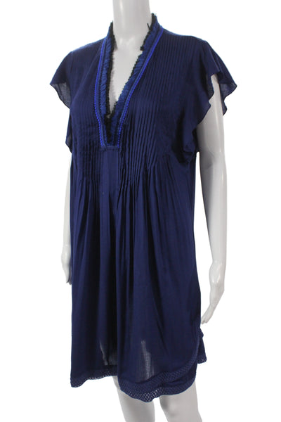 Poupette St. Barth Women Kaftan Dress Dark Blue V-Neck Short Sleeve Size 4