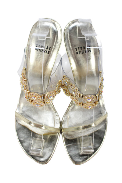 Stuart Weitzman Womens Embellished Slide On Sandals Heels Gold Size 10