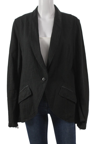 Free People Womens Black Linen Viscose Blazer Button V Neck Long Sleeve Size M