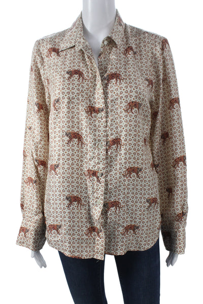 J Crew Women Beige Silk Animal Print Button Up Long Sleeve Blouse Size 10