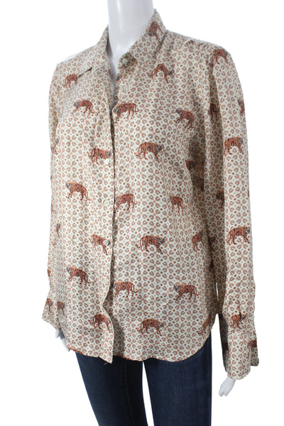 J Crew Women Beige Silk Animal Print Button Up Long Sleeve Blouse Size 10