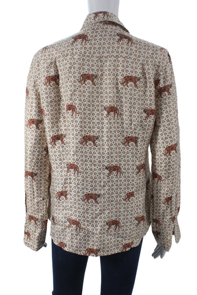 J Crew Women Beige Silk Animal Print Button Up Long Sleeve Blouse Size 10
