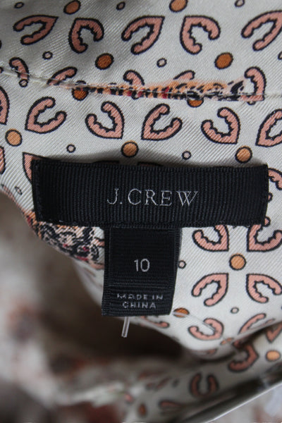 J Crew Women Beige Silk Animal Print Button Up Long Sleeve Blouse Size 10