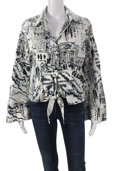 Zara Women Cropped Button Up Silk Blouse White Long Sleeve Art Print Size M