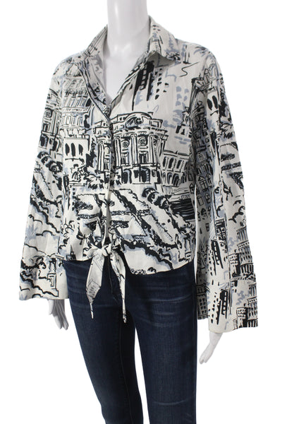 Zara Women Cropped Button Up Silk Blouse White Long Sleeve Art Print Size M