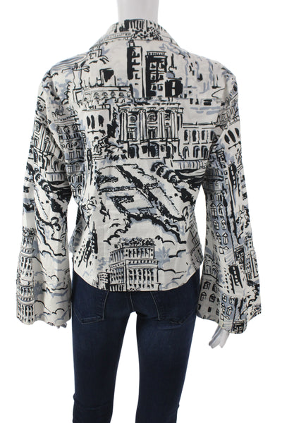 Zara Women Cropped Button Up Silk Blouse White Long Sleeve Art Print Size M