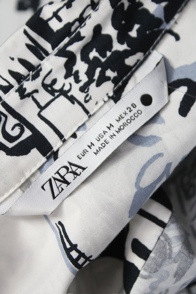 Zara Women Cropped Button Up Silk Blouse White Long Sleeve Art Print Size M