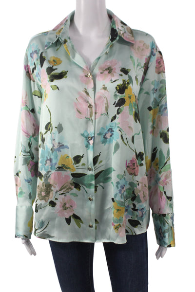 Zara Women Light Blue Floral Collared Button Up Long Sleeve Blouse Size M