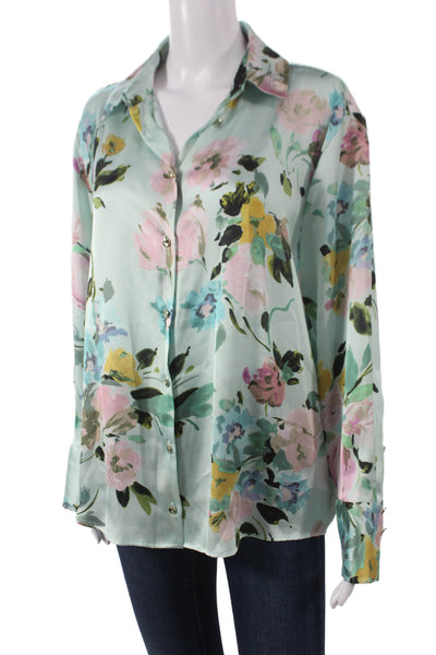 Zara Women Light Blue Floral Collared Button Up Long Sleeve Blouse Size M