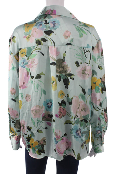 Zara Women Light Blue Floral Collared Button Up Long Sleeve Blouse Size M