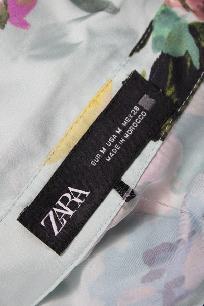 Zara Women Light Blue Floral Collared Button Up Long Sleeve Blouse Size M