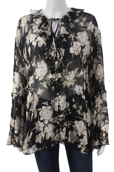 The Kooples Womens Black Floral Viscose Button Long Sleeve Blouse Size 2