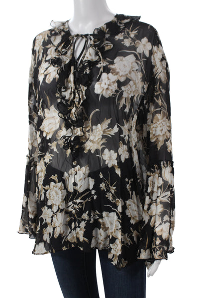 The Kooples Womens Black Floral Viscose Button Long Sleeve Blouse Size 2