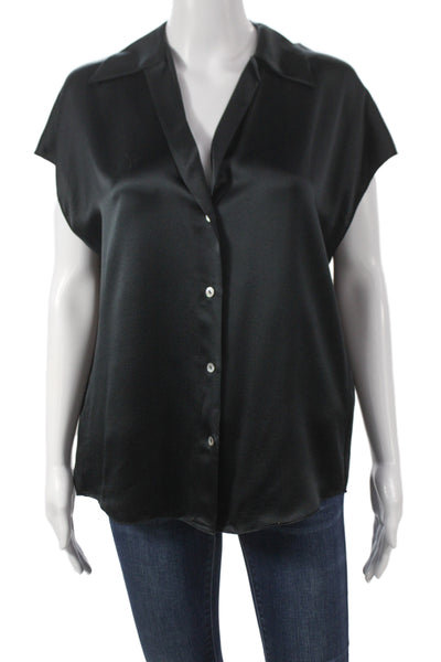 Vince Women Black Silk Collared Short Sleeve Button Up Blouse Basic Size S