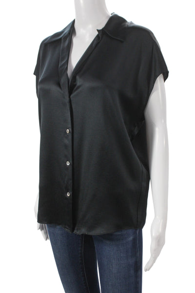 Vince Women Black Silk Collared Short Sleeve Button Up Blouse Basic Size S