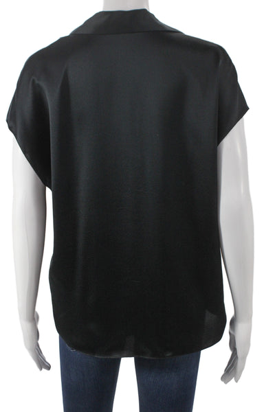 Vince Women Black Silk Collared Short Sleeve Button Up Blouse Basic Size S