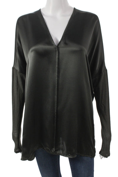 Vince Womens Black Silk Tunic Blouse V Neck Long Sleeve Size S