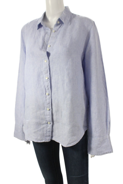 J Crew Women Basic Linen Button-Up Collared Light Blue Long Sleeve Size 10