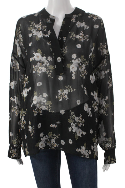 Vince Womens Tunic Blouse Black Floral Silk Long Sleeve Size S