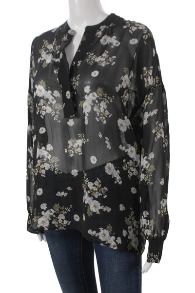 Vince Womens Tunic Blouse Black Floral Silk Long Sleeve Size S